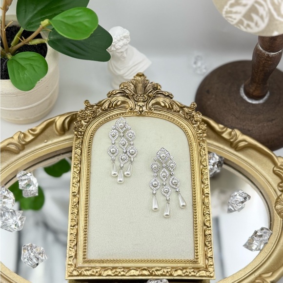 REVOLVE Jewelry - Elegant Cubic Zirconia Pearl Drop Statement Earrings Perfect for Special Occasio